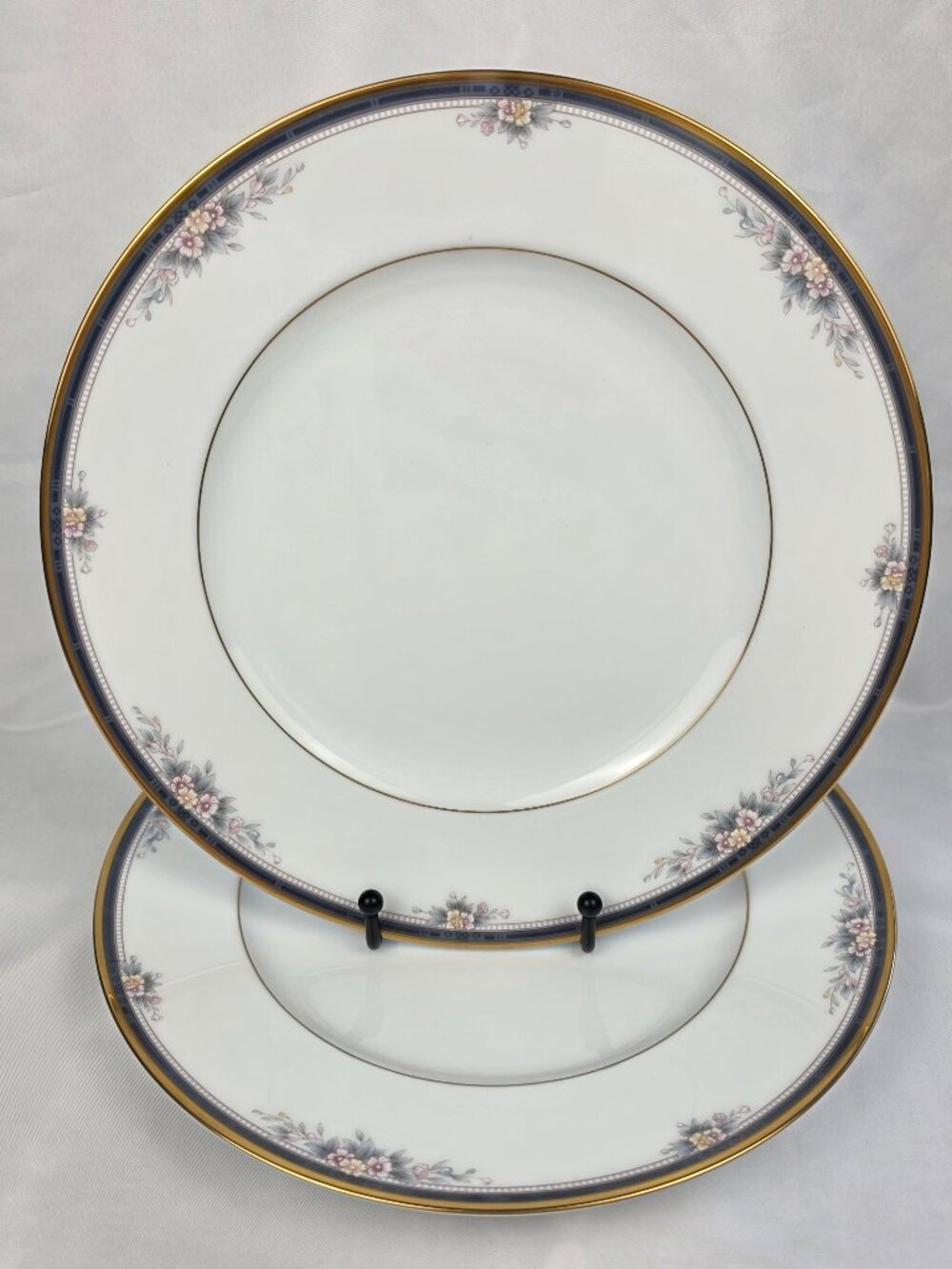 TWO Noritake Ontario Dinner Plates 10 1/2 In Blue Gray Bands White Pink Flowers